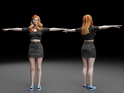 3D Character With Orange Hair Black Cropped Top Dark Skirt Blue Shoes Front Back Views 3d model