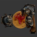 Medieval Knight Miniatures Gathered Around Wooden Table With Red Dice And Stools