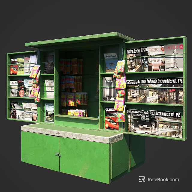Sales Office Kiosk with Green Exterior Magazines and Display 3d model 