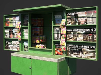 Sales Office Kiosk with Green Exterior Magazines and Display 3d model