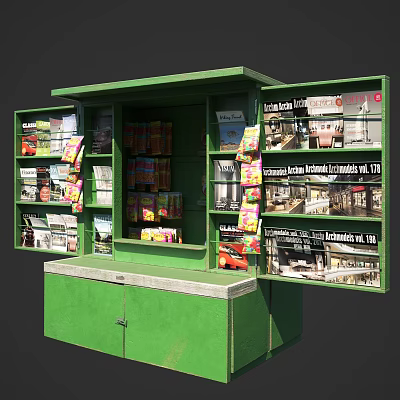 Sales Office Kiosk with Green Exterior Magazines and Display 3d model