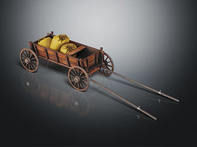 Vintage Wooden Cart Loaded With Yellow Sacks On Dark Reflective Surface 3d model