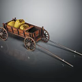 Vintage Wooden Cart Loaded With Yellow Sacks On Dark Reflective Surface
