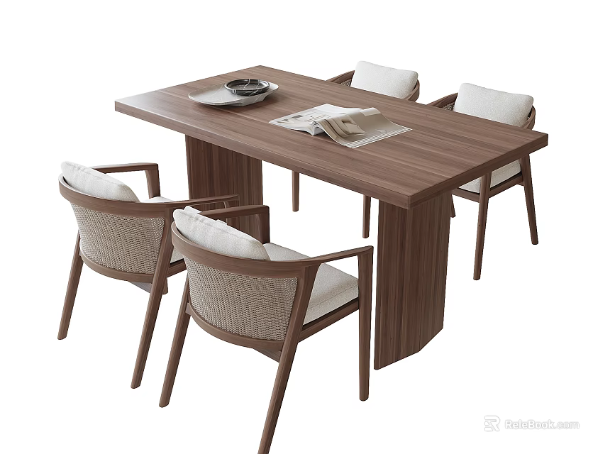 Modern Wooden Rectangular Dining Table and Chairs Set with Woven Backs and Cushioned Seats 3d model 