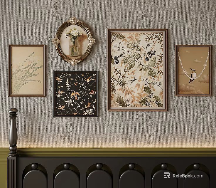 Framed Abstract Paintings Displaying Floral Botanical And Bird Motifs On Textured Wall With Green Trim 3d model 