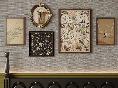 Framed Abstract Paintings Displaying Floral Botanical And Bird Motifs On Textured Wall With Green Trim 3d model
