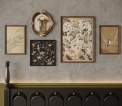 Framed Abstract Paintings Displaying Floral Botanical And Bird Motifs On Textured Wall With Green Trim 3d model