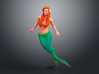 Red Haired Game Movie Mermaid Character With Green Tail And Flower In Hair 3d model