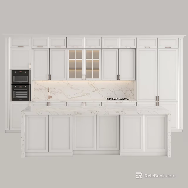 Modern Kitchen Interior With White Cabinets And Marble Countertops Island 3d model 