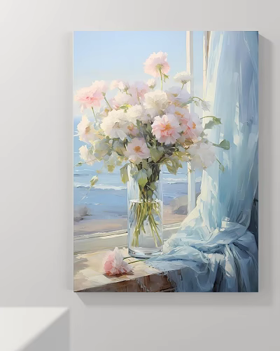 Landscape Painting Featuring Glass Vase of Pink and White Flowers Blue Curtains and Seaside View 3d model