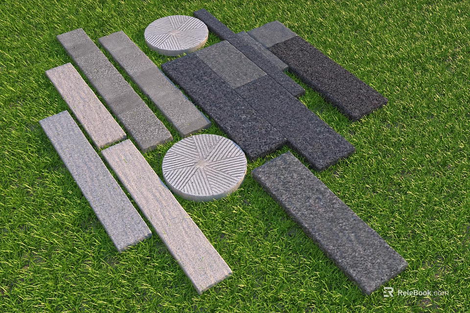 Garden Decorative Stone Slabs In Various Shapes On Green Grass Surface 3d model 