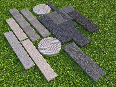 Garden Decorative Stone Slabs In Various Shapes On Green Grass Surface 3d model