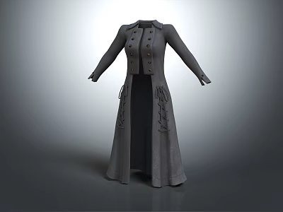 Gray Long Double Breasted Coat With Decorative Laces And Elegant Vintage Style 3d model