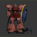 Red Armored Mecha Game Character With Blue Shield And Gun Weapon Design