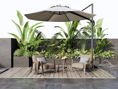 Cozy Outdoor Patio Table And Chairs Set With Umbrella And Lush Green Plants 3d model