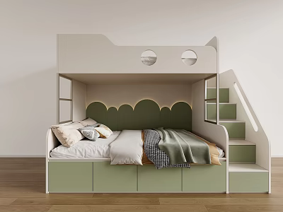 Pastel Green White Bunk Bed with Staircase Storage Cloud Headboard and Round Windows 3d model