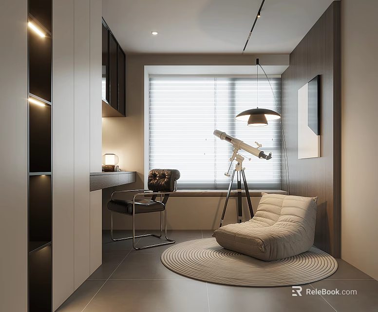 Modern Study Room Interior With Writing Desk Telescope Cozy Armchair And Round Rug 3d model 