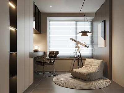 Modern Study Room Interior With Writing Desk Telescope Cozy Armchair And Round Rug 3d model