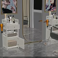 Hair Salon Storage Cabinet with Hair Dryer and Care Products Near Mirror and Barber Chair