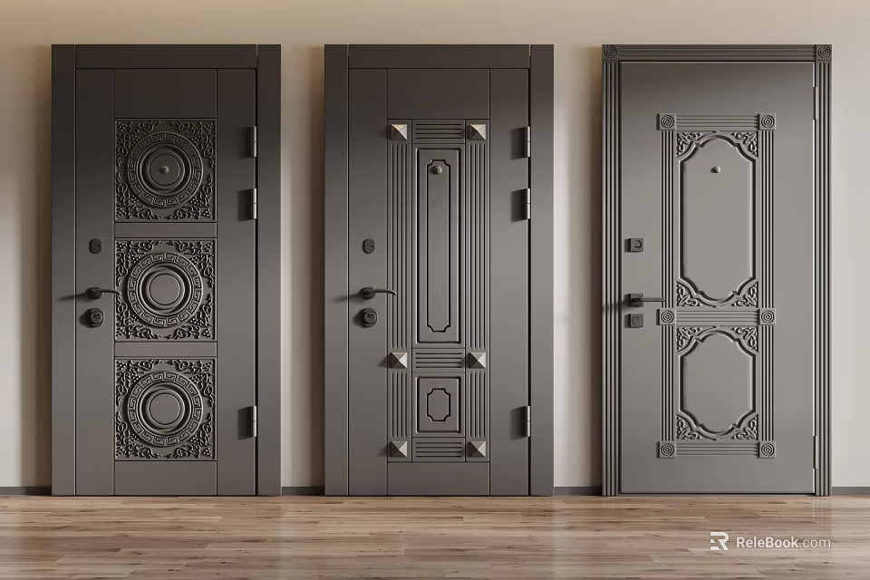Three Dark Hinged Doors With Intricate Carved Patterns And Metal Handles 3d model