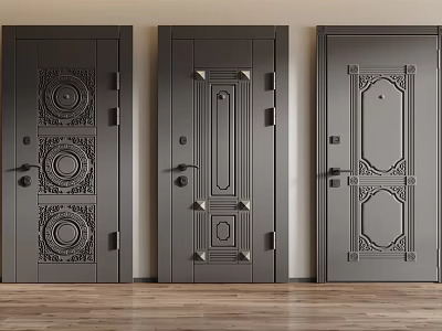 Three Dark Hinged Doors With Intricate Carved Patterns And Metal Handles 3d model