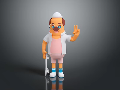 Cartoon Elderly Character With Hat Glasses Pink Shirt White Coat Cane And Peace Sign 3d model