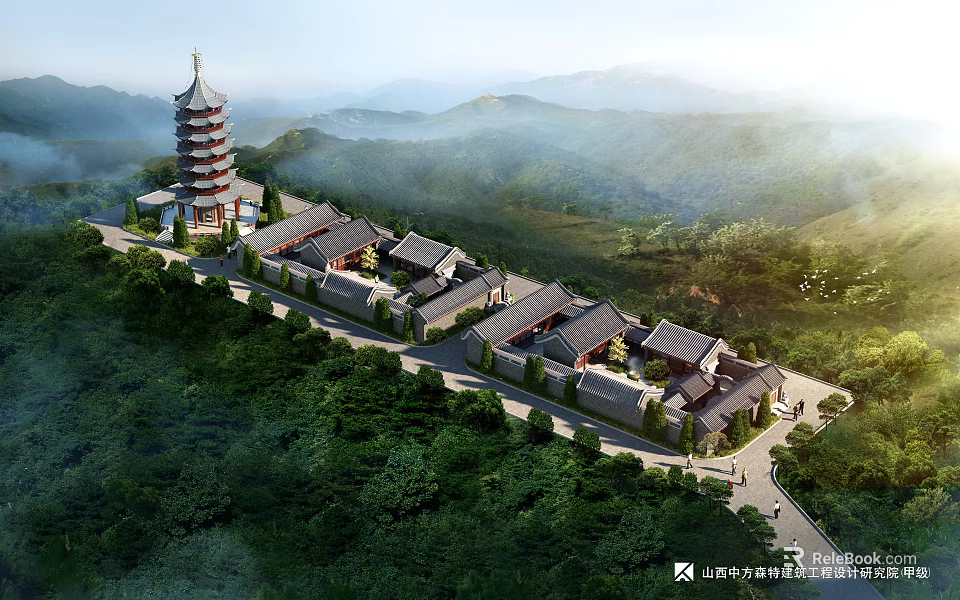 Ancient Architecture Complex Featuring Traditional Pagoda And Historic Buildings In Lush Mountainous Greenery 3d model 