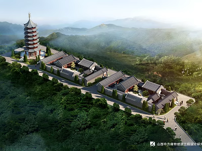 Ancient Architecture Complex Featuring Traditional Pagoda And Historic Buildings In Lush Mountainous Greenery 3d model