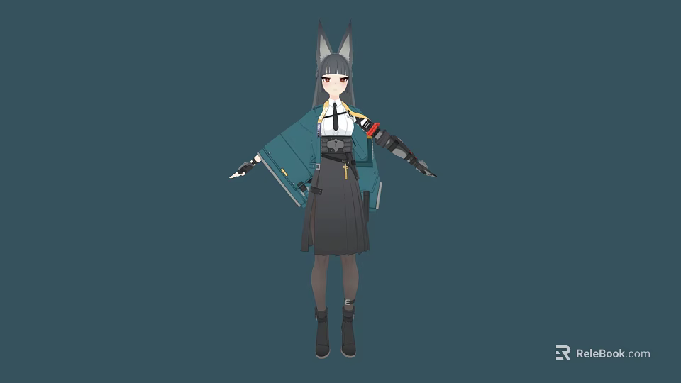 Anime Game Character Design With Fox Ears Mechanical Arm Blue Coat Uniform And Dark Skirt 3d model 