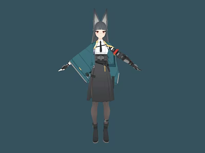 Anime Game Character Design With Fox Ears Mechanical Arm Blue Coat Uniform And Dark Skirt 3d model