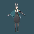 Anime Game Character Design With Fox Ears Mechanical Arm Blue Coat Uniform And Dark Skirt