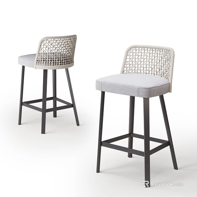 Modern Woven Backrest Bar Stools with Gray Seat Cushion and Black Metal Legs for Home Bar 3d model 