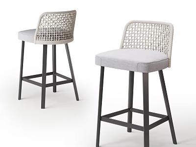 Modern Woven Backrest Bar Stools with Gray Seat Cushion and Black Metal Legs for Home Bar 3d model