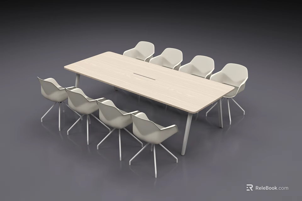 Modern Light Wood Conference Table With Eight White Chairs And Metal Legs 3d model 