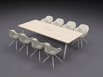 Modern Light Wood Conference Table With Eight White Chairs And Metal Legs 3d model