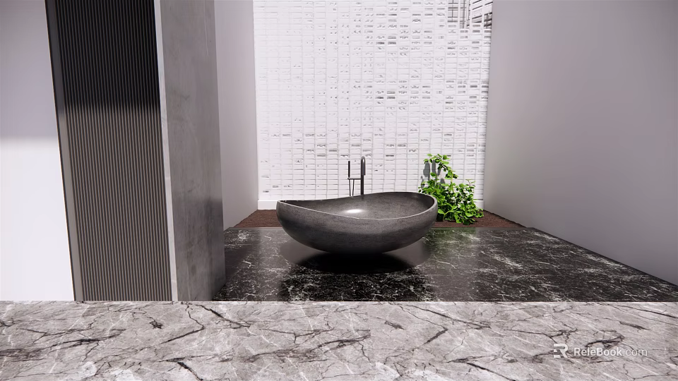 Freestanding Black Bathtub On Black Marble Countertop With White Textured Wall And Green Plant 3d model 