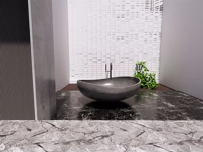Freestanding Black Bathtub On Black Marble Countertop With White Textured Wall And Green Plant 3d model