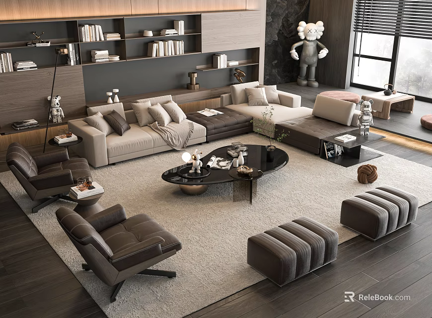 Modern Living Room Sofa And Coffee Table Set Featuring Black Table Accent Chairs And Ottomans 3d model 