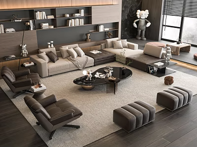 Modern Living Room Sofa And Coffee Table Set Featuring Black Table Accent Chairs And Ottomans 3d model