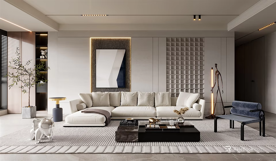 Modern Living Room Interior Design With White Sofa Decorative Painting Textured Wall And Coffee Table 3d model 