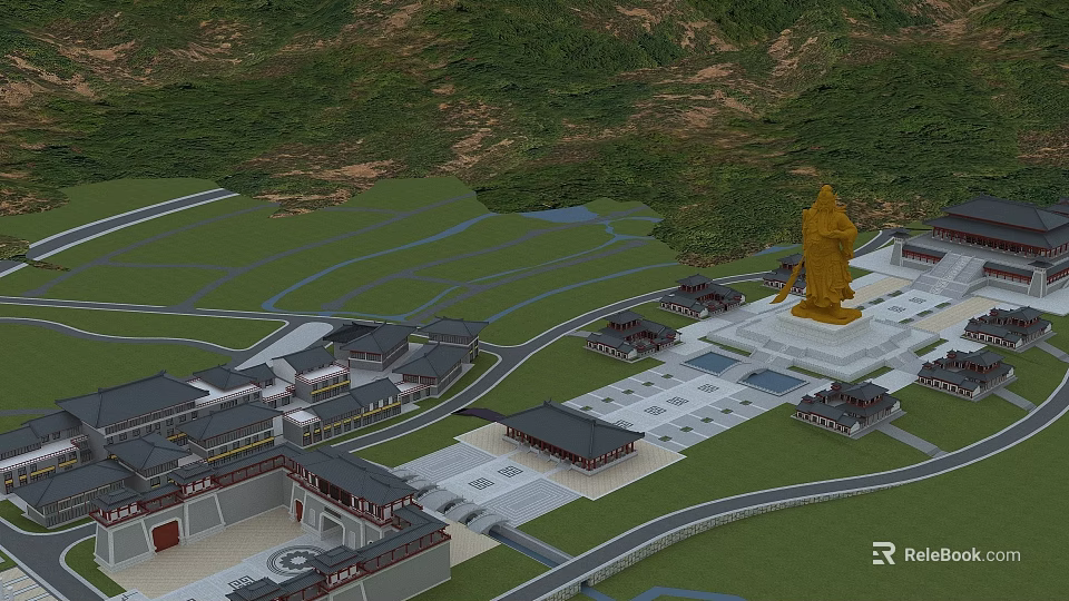 Scenic Landscape View With Golden Statue Traditional Buildings Green Hills And Plaza 3d model 