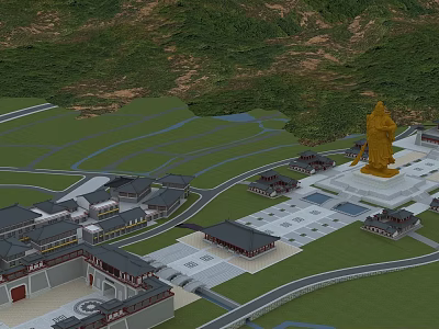 Scenic Landscape View With Golden Statue Traditional Buildings Green Hills And Plaza 3d model