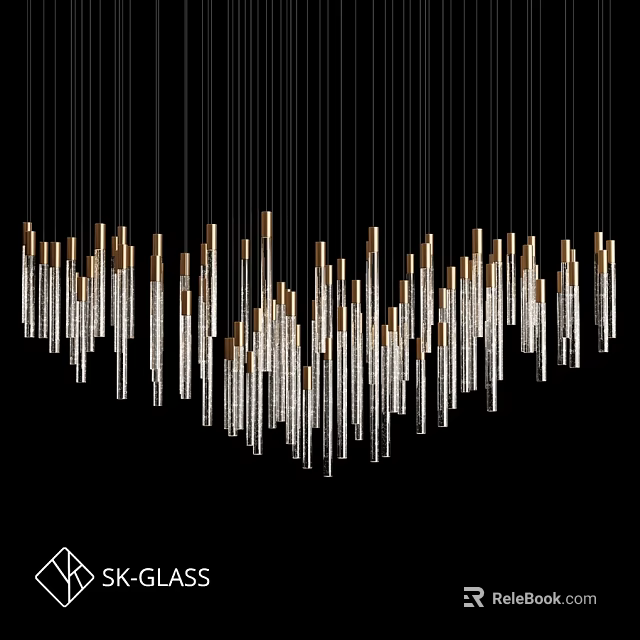 Modern Chandelier Design With Hanging Crystal Tubes And Gold Metal Accents 3d model 