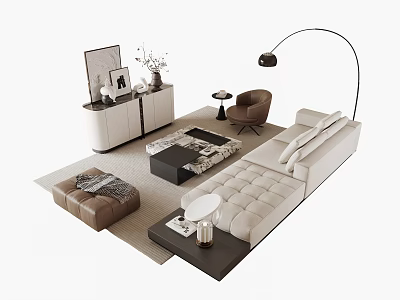Modern Sofa and Coffee Table Set With Beige Upholstery Accent Chair Ottoman and Floor Lamp 3d model