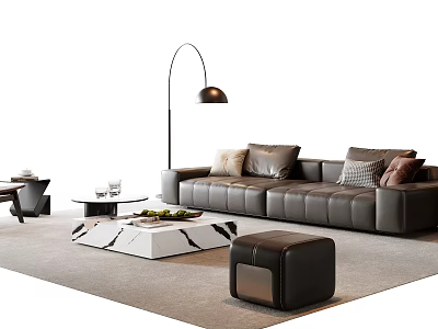 Modern Grey Leather Sofa Coffee Table Set with Pillows Marble Top Floor Lamp and Ottoman 3d model