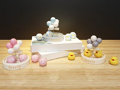 Lovely Decorative Ornament Set with Pink White Yellow Balloon Duckling Figures for Tabletop Decor 3d model
