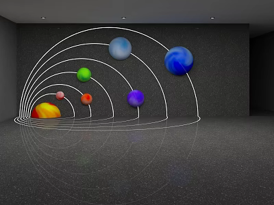 Dark Background Wall Design With Curved White Lines And Colorful Spheres 3d model