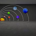 Dark Background Wall Design With Curved White Lines And Colorful Spheres