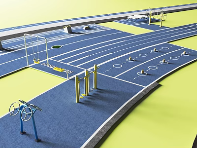 Outdoor Sports Equipment On Blue Running Track With Parallel Bars And Fitness Training Stations 3d model