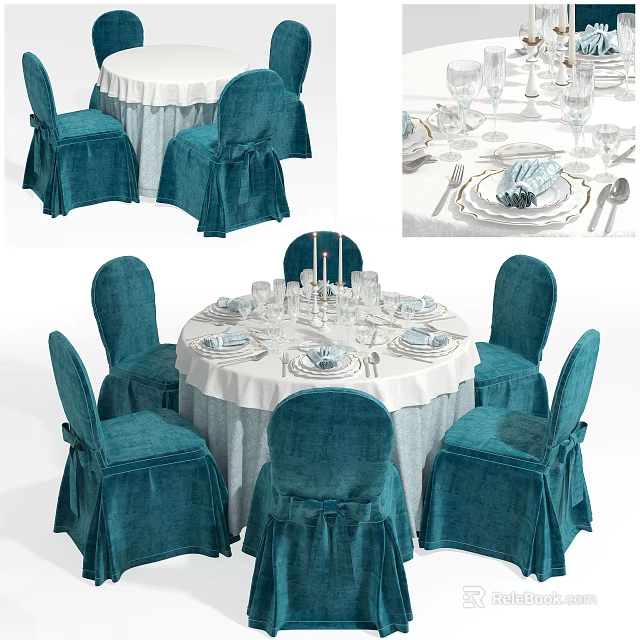 Turquoise Dining Table And Chairs Set With White Tablecloth Slipcovers And Elegant Tableware 3d model 